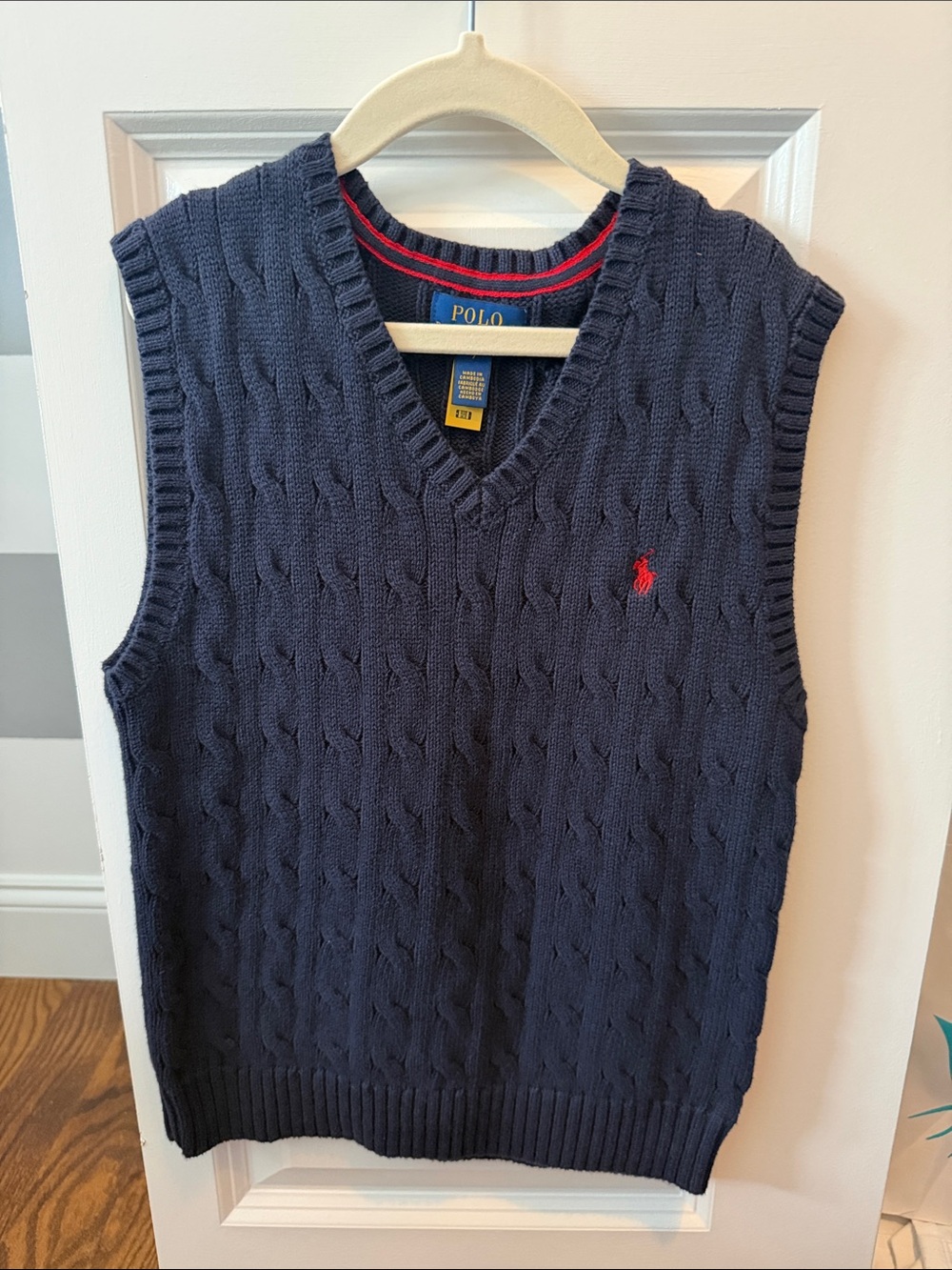 Polo by Ralph Lauren Navy Cable Knit V-Neck Sweater Vest with Red Pony